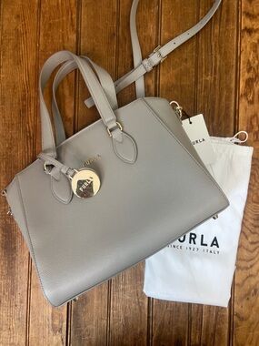 Furla bag Light Gray Pebbled Leather Satchel with Gold Charm New NWT